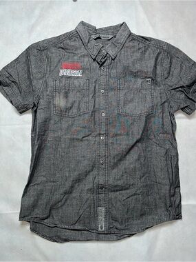 Harley Davidson, black denim short sleeve button up size slim large